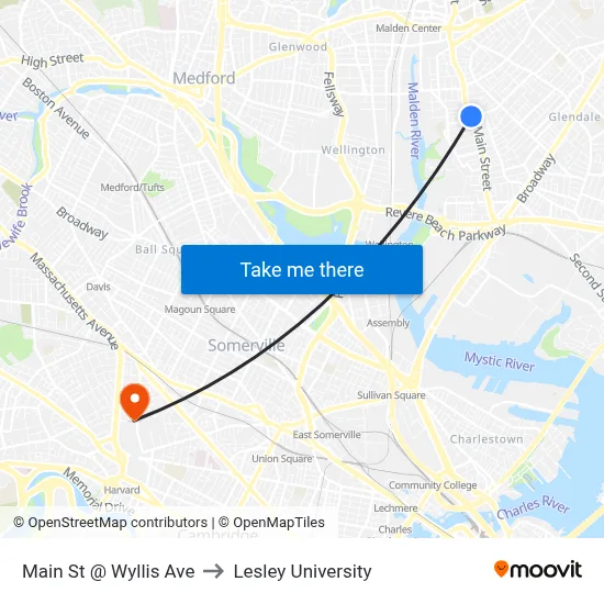 Main St @ Wyllis Ave to Lesley University map