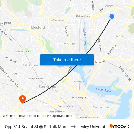 Opp 314 Bryant St @ Suffolk Manor to Lesley University map