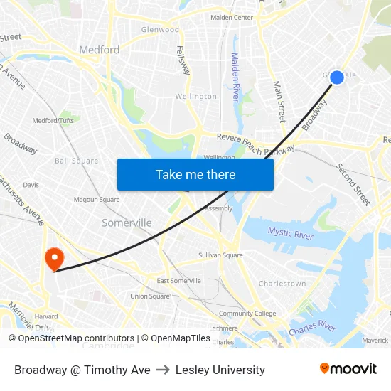 Broadway @ Timothy Ave to Lesley University map