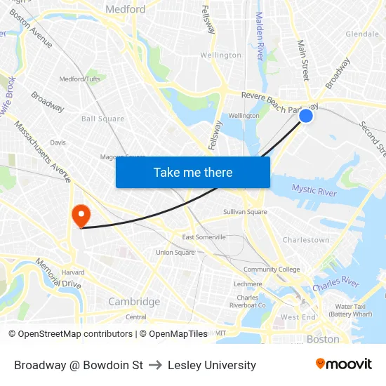 Broadway @ Bowdoin St to Lesley University map
