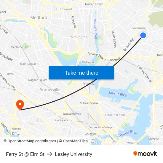 Ferry St @ Elm St to Lesley University map