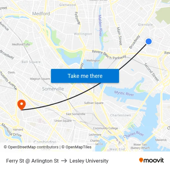 Ferry St @ Arlington St to Lesley University map