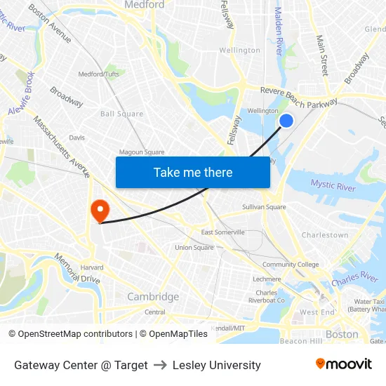 Gateway Center @ Target to Lesley University map