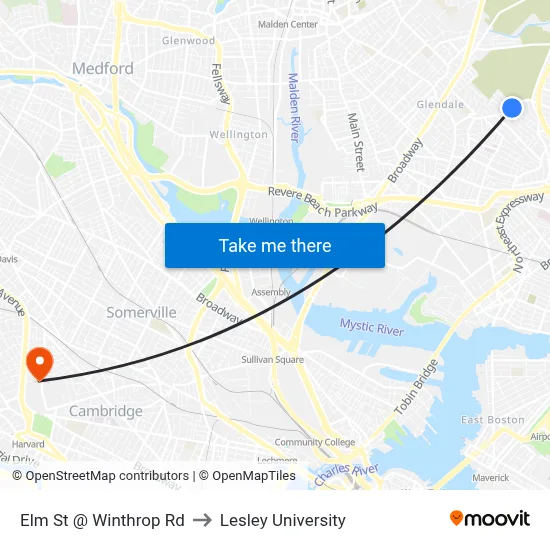 Elm St @ Winthrop Rd to Lesley University map