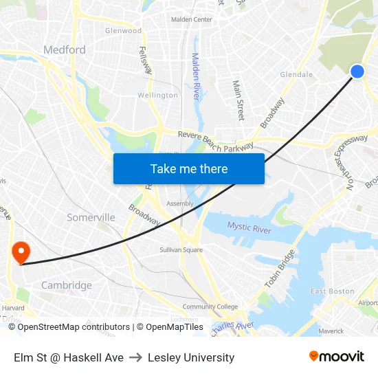 Elm St @ Haskell Ave to Lesley University map