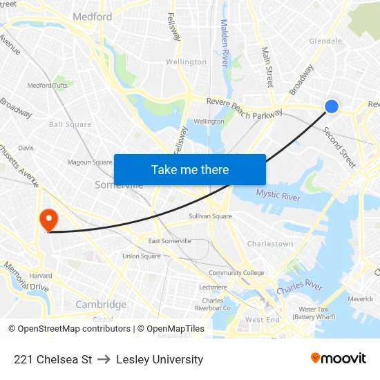 221 Chelsea St to Lesley University map