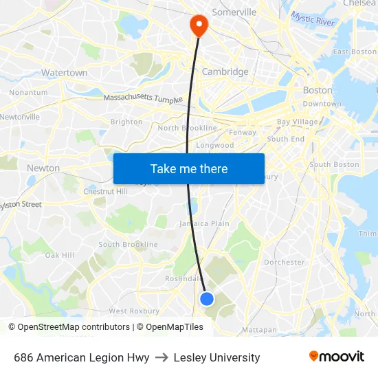 686 American Legion Hwy to Lesley University map