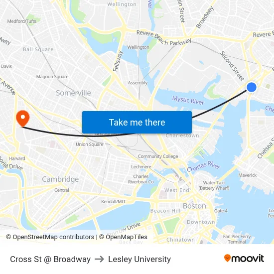 Cross St @ Broadway to Lesley University map