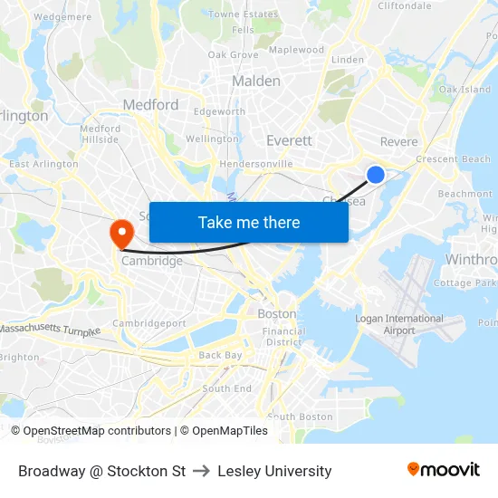 Broadway @ Stockton St to Lesley University map