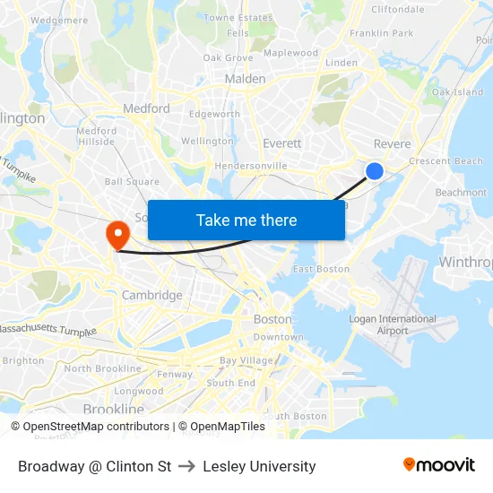 Broadway @ Clinton St to Lesley University map