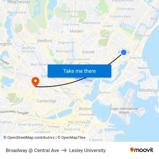 Broadway @ Central Ave to Lesley University map