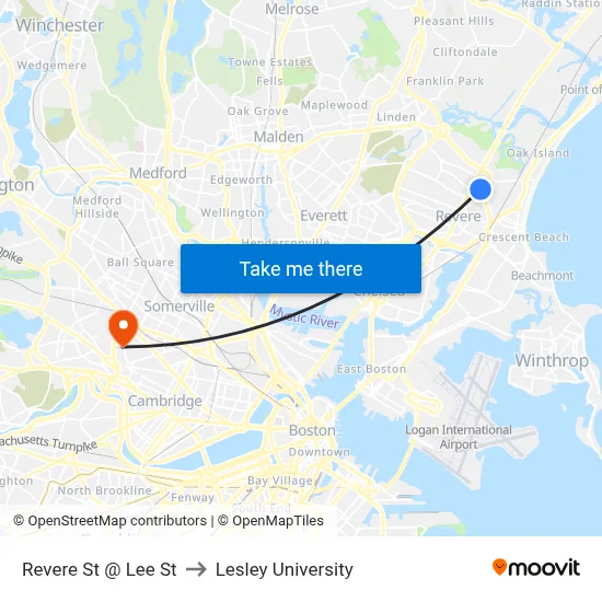Revere St @ Lee St to Lesley University map