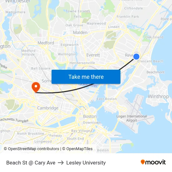 Beach St @ Cary Ave to Lesley University map