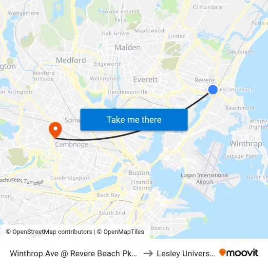 Winthrop Ave @ Revere Beach Pkway to Lesley University map