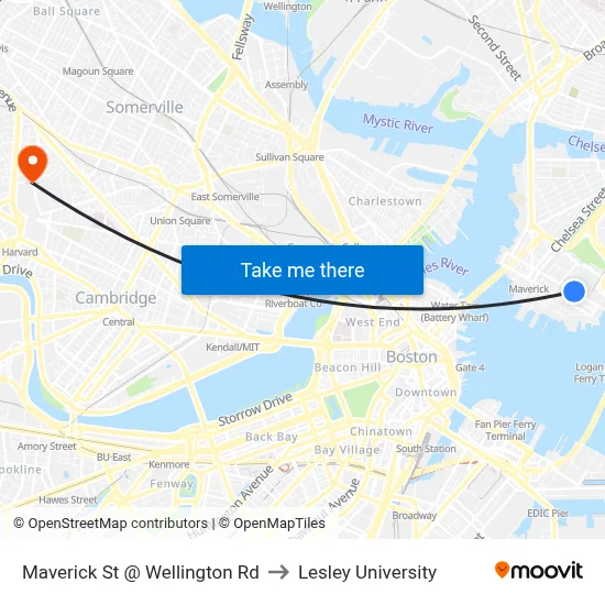 Maverick St @ Wellington Rd to Lesley University map