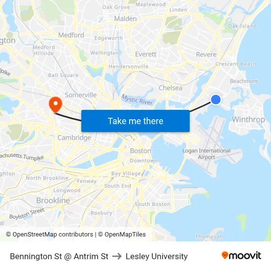 Bennington St @ Antrim St to Lesley University map