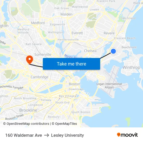 160 Waldemar Ave to Lesley University map