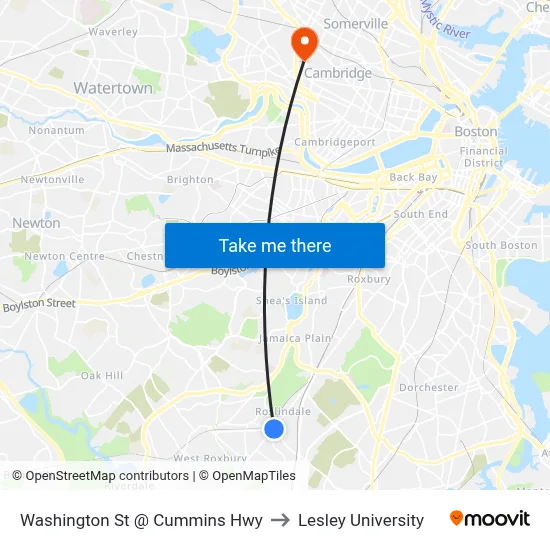 Washington St @ Cummins Hwy to Lesley University map