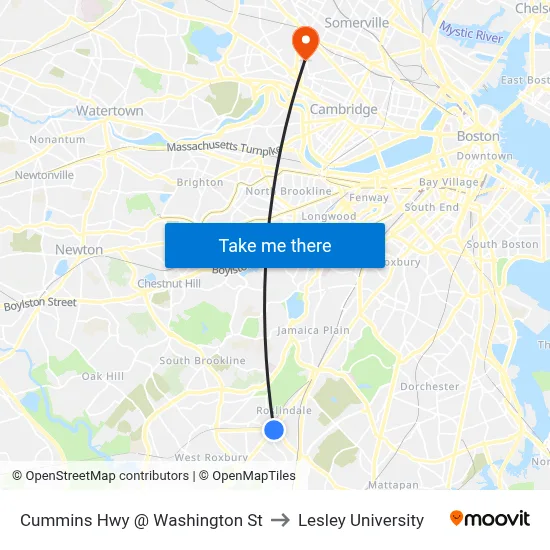 Cummins Hwy @ Washington St to Lesley University map