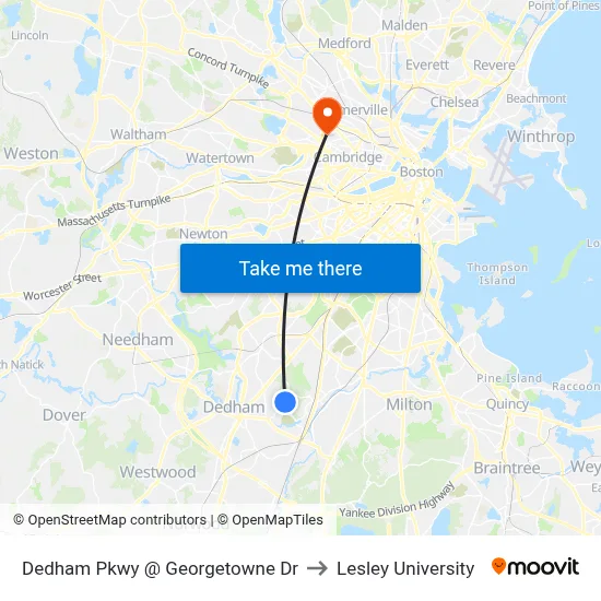 Dedham Pkwy @ Georgetowne Dr to Lesley University map