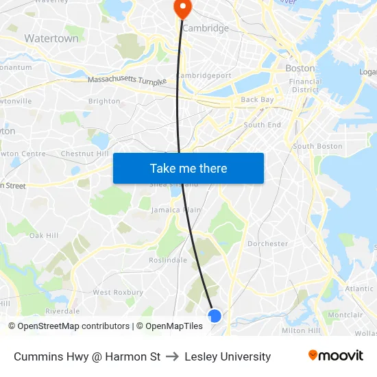 Cummins Hwy @ Harmon St to Lesley University map