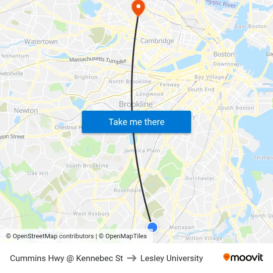 Cummins Hwy @ Kennebec St to Lesley University map