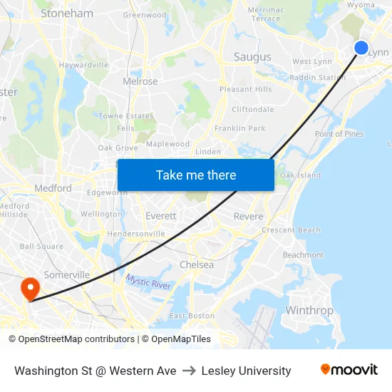 Washington St @ Western Ave to Lesley University map