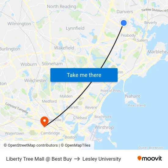 Liberty Tree Mall @ Best Buy to Lesley University map