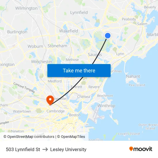 503 Lynnfield St to Lesley University map