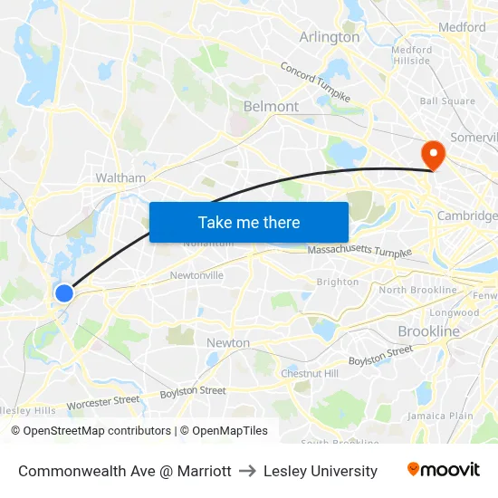 Commonwealth Ave @ Marriott to Lesley University map