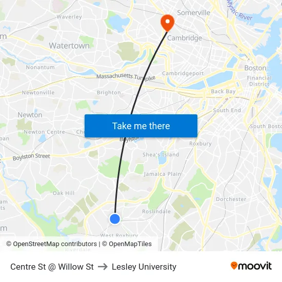 Centre St @ Willow St to Lesley University map