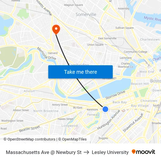 Massachusetts Ave @ Newbury St to Lesley University map