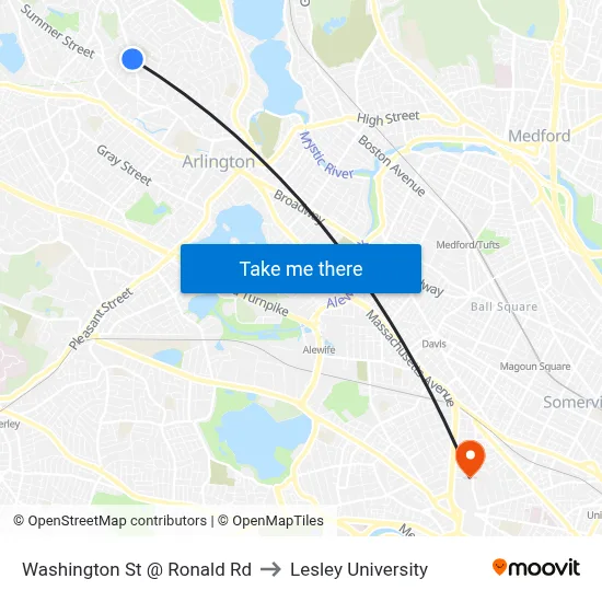 Washington St @ Ronald Rd to Lesley University map