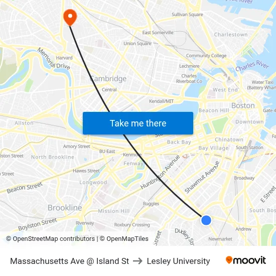Massachusetts Ave @ Island St to Lesley University map