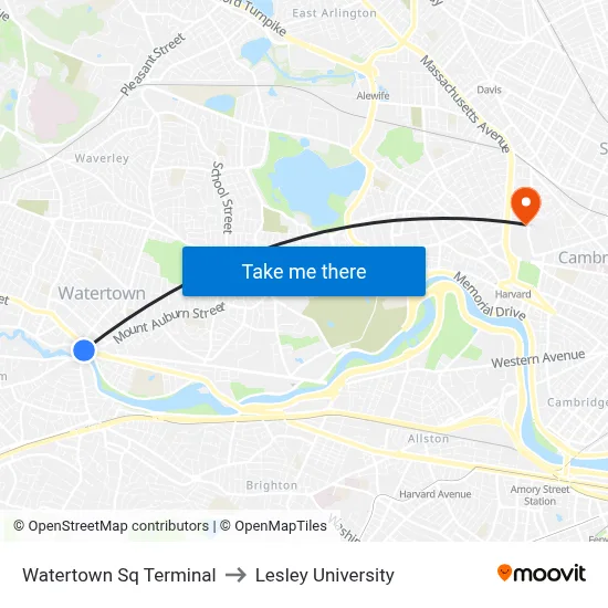 Watertown Sq Terminal to Lesley University map