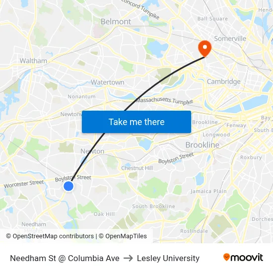 Needham St @ Columbia Ave to Lesley University map