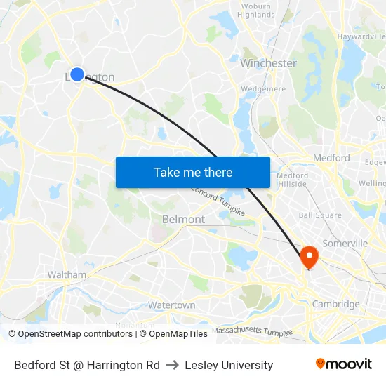 Bedford St @ Harrington Rd to Lesley University map