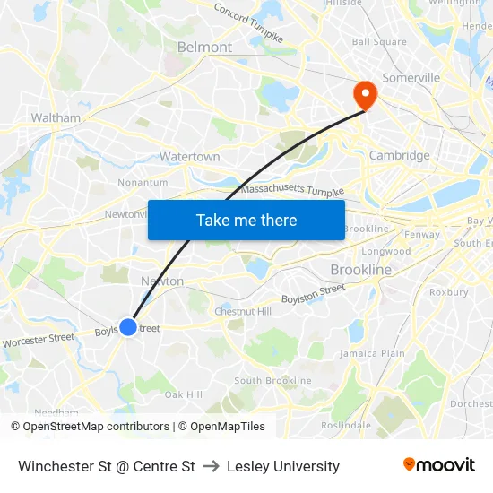 Winchester St @ Centre St to Lesley University map