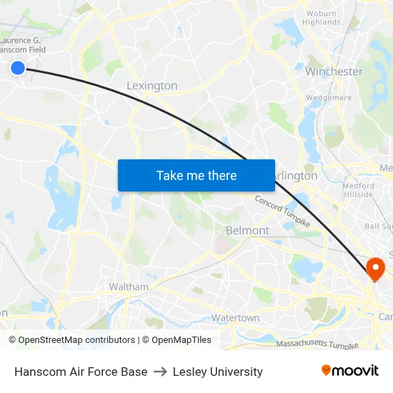 Hanscom Air Force Base to Lesley University map
