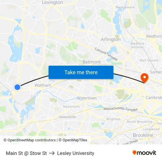 Main St @ Stow St to Lesley University map