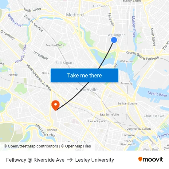 Fellsway @ Riverside Ave to Lesley University map