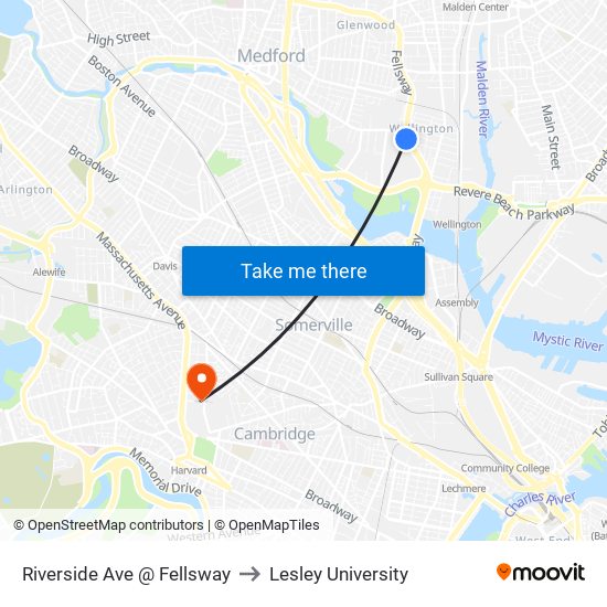 Riverside Ave @ Fellsway to Lesley University map