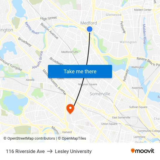 116 Riverside Ave to Lesley University map