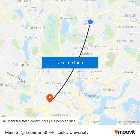 Main St @ Lebanon St to Lesley University map