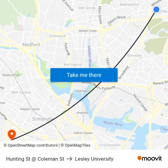 Hunting St @ Coleman St to Lesley University map