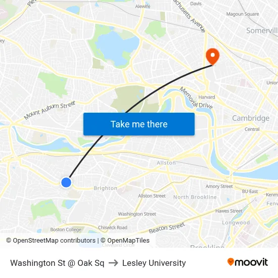 Washington St @ Oak Sq to Lesley University map