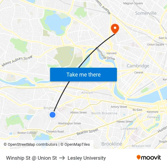 Winship St @ Union St to Lesley University map