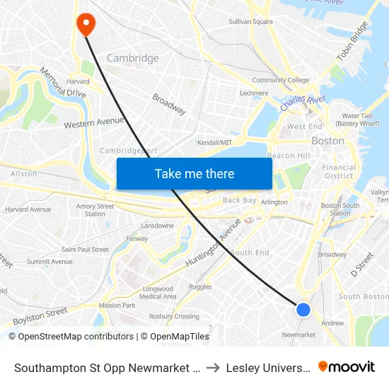 Southampton St Opp Newmarket Sq to Lesley University map