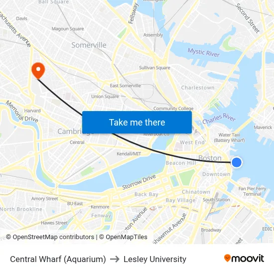 Central Wharf (Aquarium) to Lesley University map