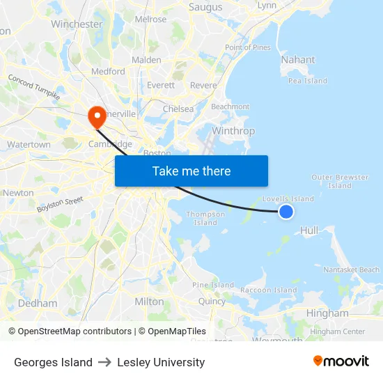 Georges Island to Lesley University map